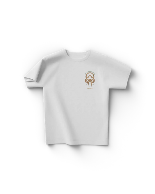 White Lady Gaga Chromatica t shirt front view with small ornate crest logo on chest, minimal Gaga merch design with vintage-inspired detail