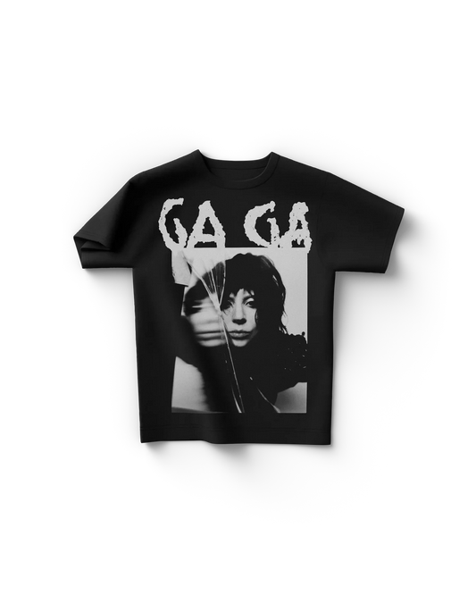 Black Lady Gaga merch t shirt front view with bold “GAGA” text and black and white portrait graphic, edgy contrast Gaga shirt design