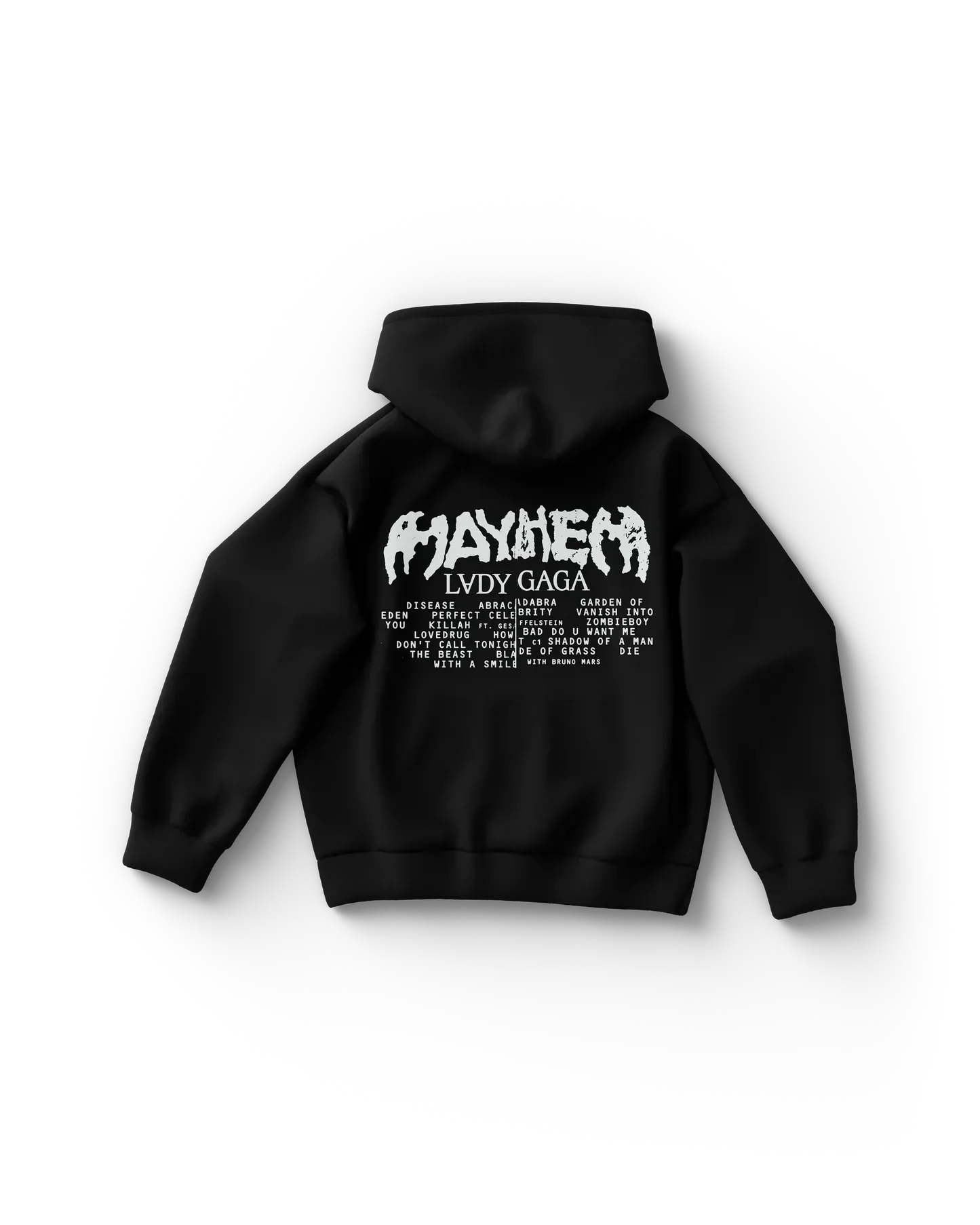 Back of black Lady Gaga hoodie with “Mayhem” logo and full tracklist print, striking tour-inspired Gaga merchandise style