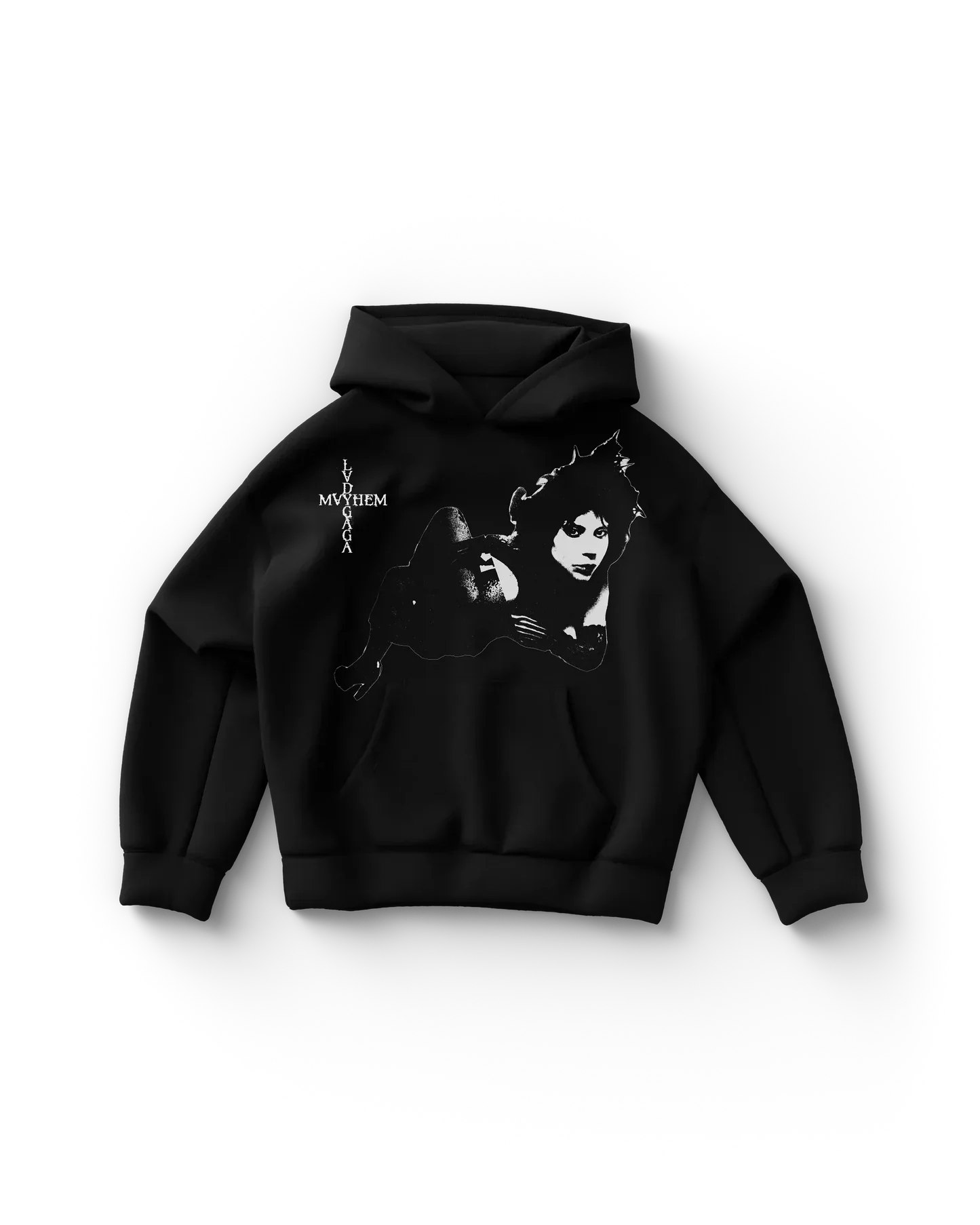 Black Lady Gaga hoodie featuring high-contrast portrait graphic and vertical “Lady Gaga Mayhem” text, bold and edgy Gaga merch design