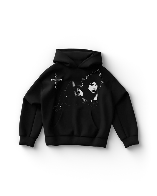 Black Lady Gaga hoodie featuring high-contrast portrait graphic and vertical “Lady Gaga Mayhem” text, bold and edgy Gaga merch design