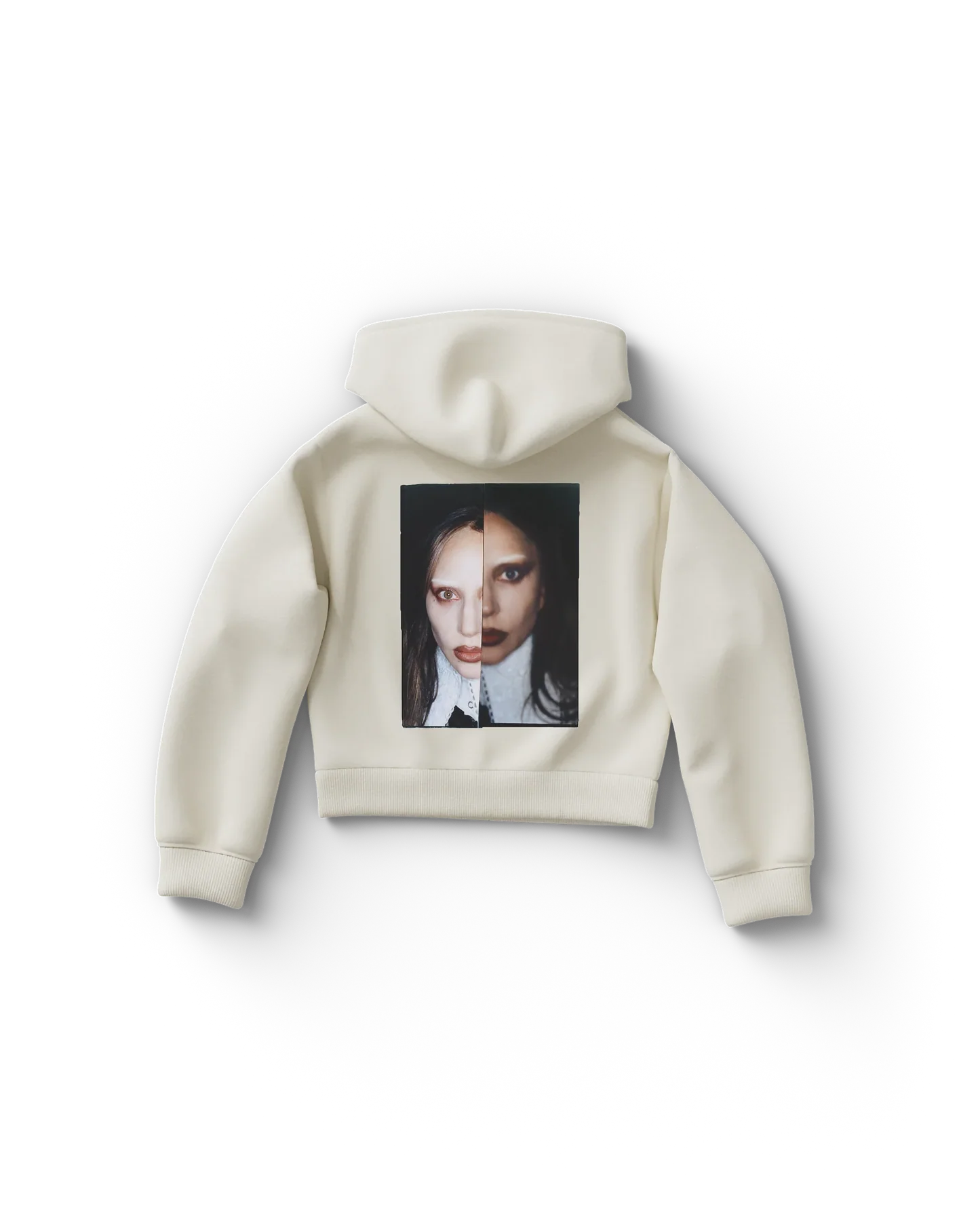 Cream Lady Gaga cropped hoodie back view with dual portrait photo graphic split down the middle showing two contrasting faces
