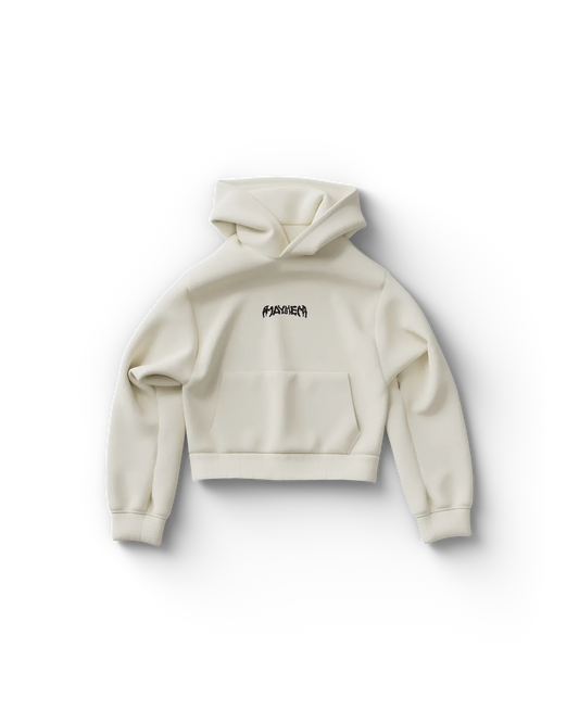 Cream Lady Gaga cropped hoodie front view with small "Mayhem" text logo centered on chest