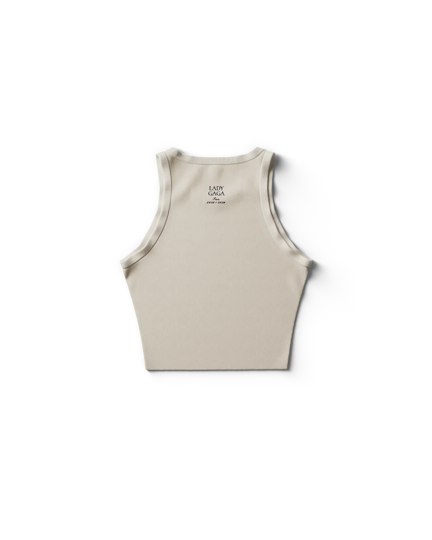 Cream Lady Gaga merch cropped tank back view with small text "LADY GAGA Tours 2024 2025" centered below neckline