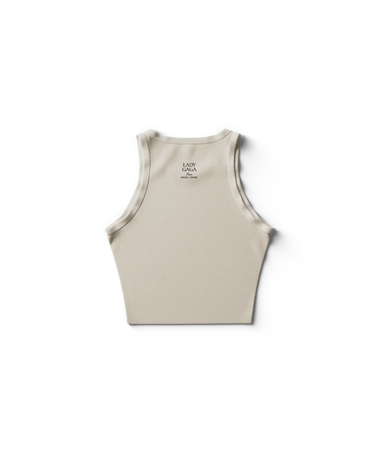 Cream Lady Gaga merch cropped tank back view with small text "LADY GAGA Tours 2024 2025" centered below neckline