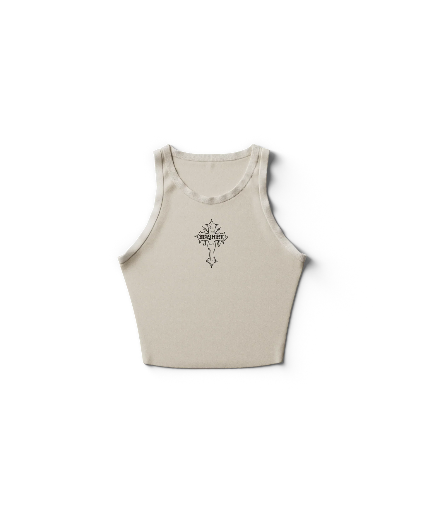 Cream Lady Gaga merch cropped tank front view with gothic cross graphic and small "Mayhem" text centered on chest