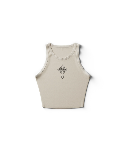 Cream Lady Gaga merch cropped tank front view with gothic cross graphic and small "Mayhem" text centered on chest