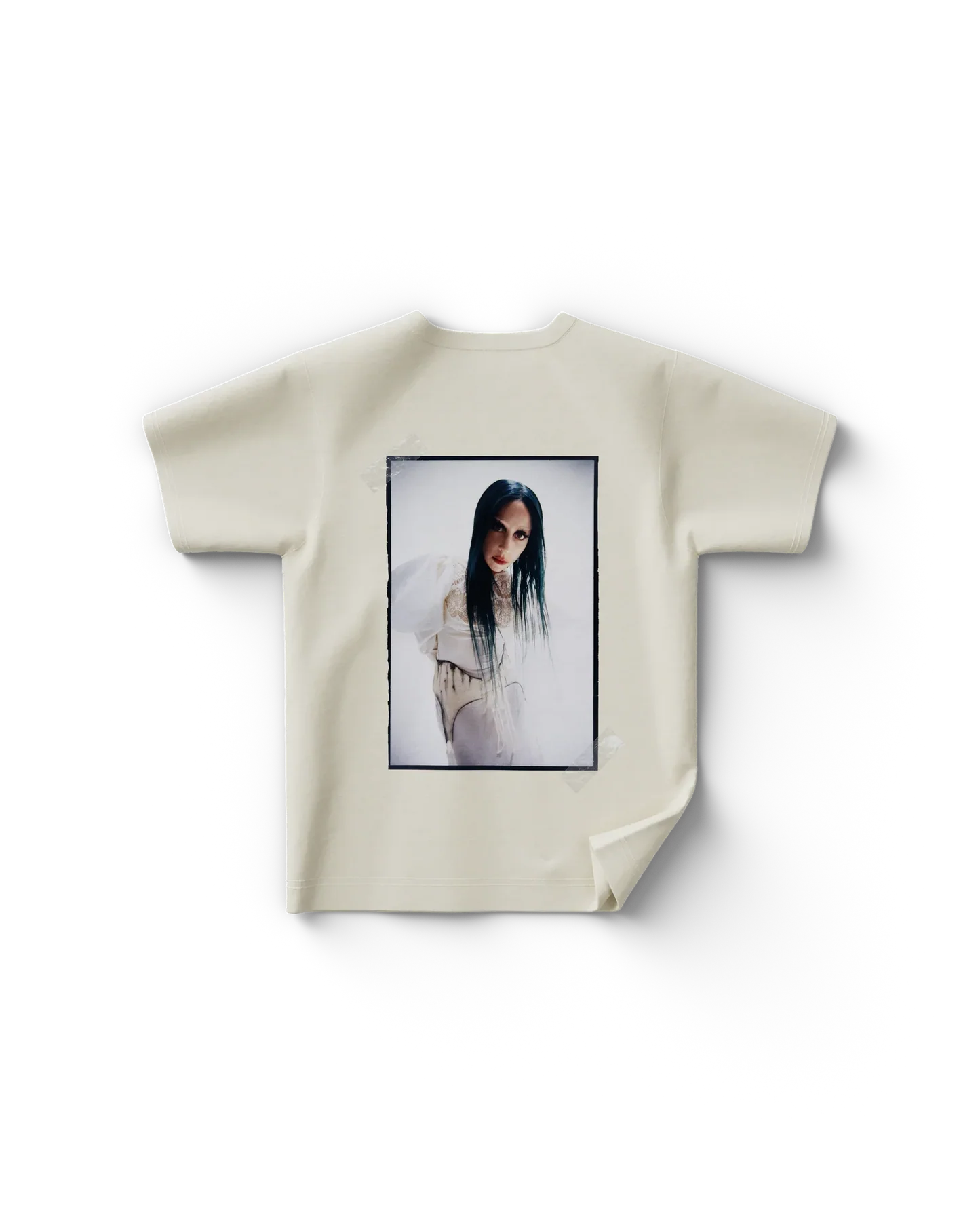 Cream Lady Gaga t shirt back view with large rectangular portrait photo graphic of Lady Gaga