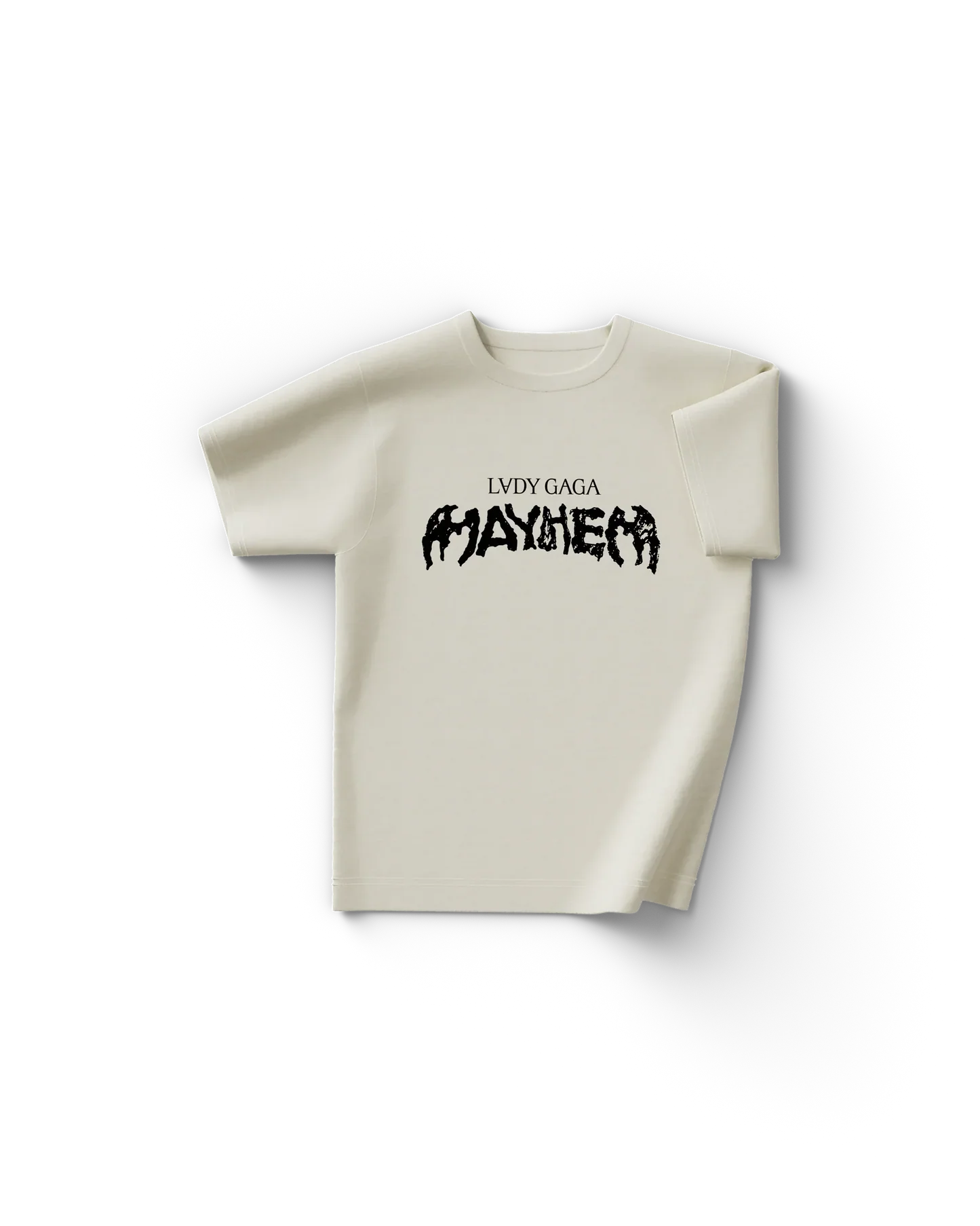 Cream Lady Gaga t shirt front view with black text "Lady Gaga Mayhem" across the chest