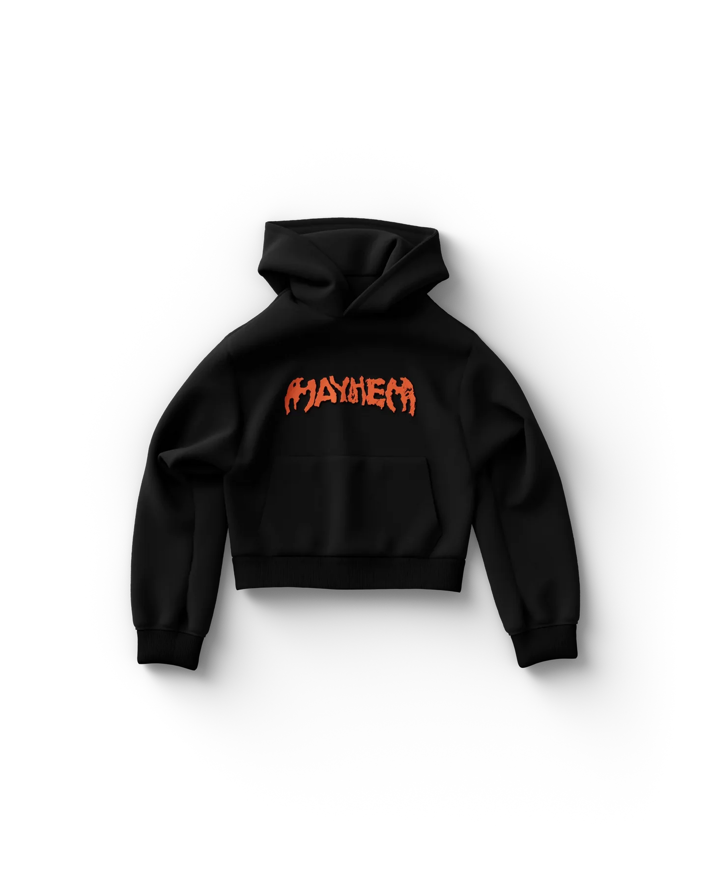 Black cropped Lady Gaga hoodie with bold orange “Mayhem” logo across chest, minimalist edgy Gaga merch design