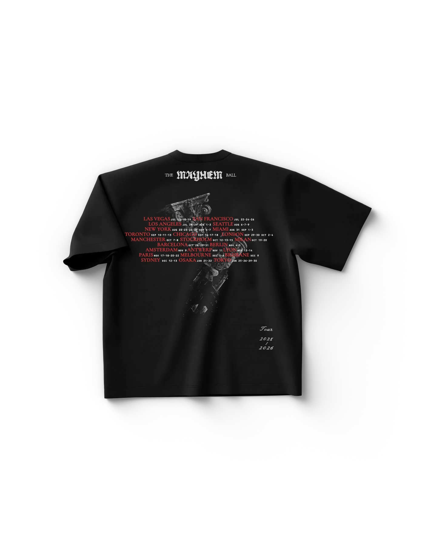 Black Lady Gaga t shirt back view featuring tour dates and "The Mayhem Ball" design in red and white