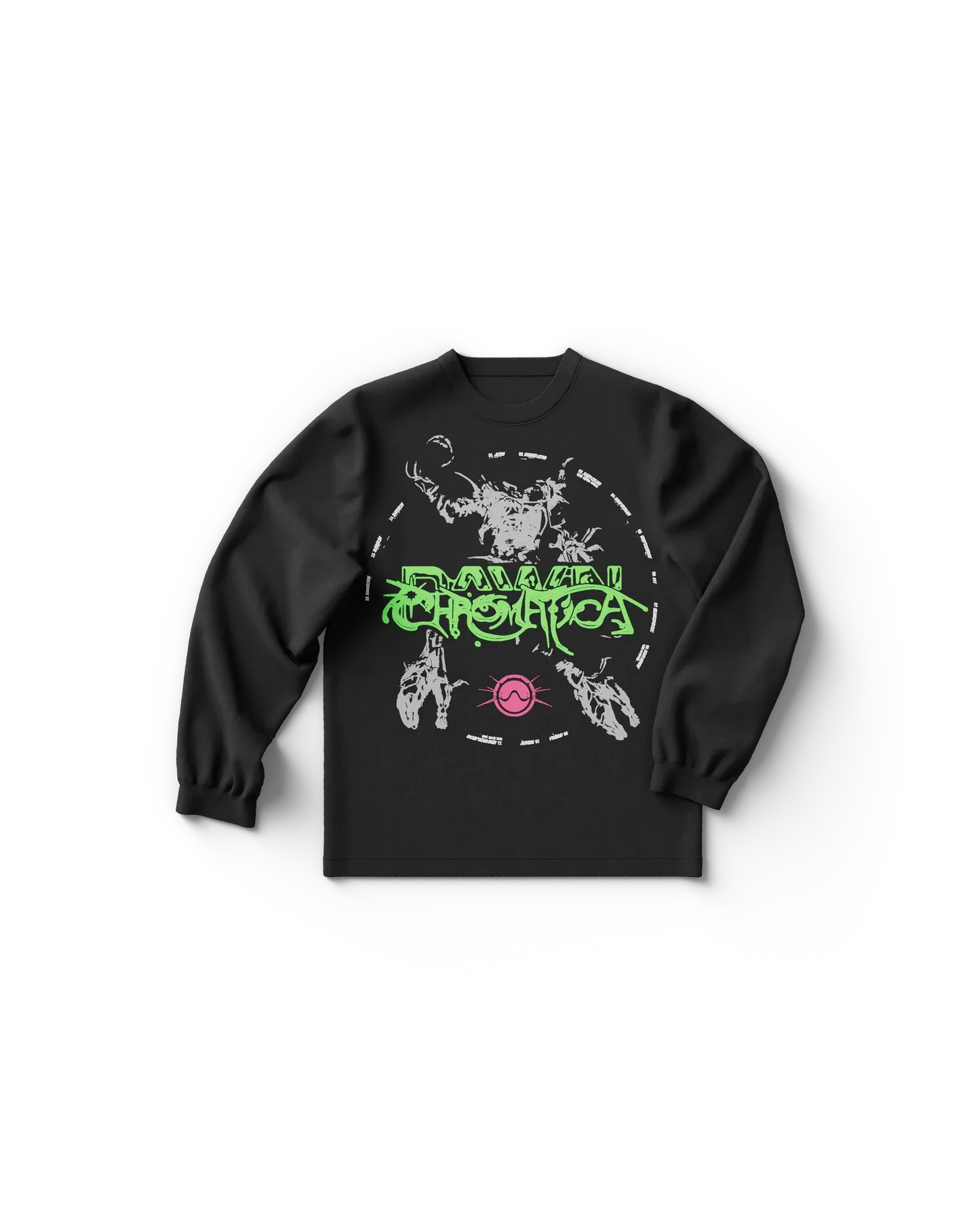 Black Lady Gaga merch long sleeve t shirt front view with neon green Chromatica logo and abstract graphic design, bold Gaga shirt style