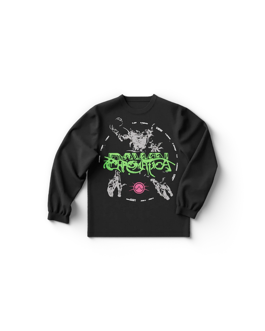 Black Lady Gaga merch long sleeve t shirt front view with neon green Chromatica logo and abstract graphic design, bold Gaga shirt style