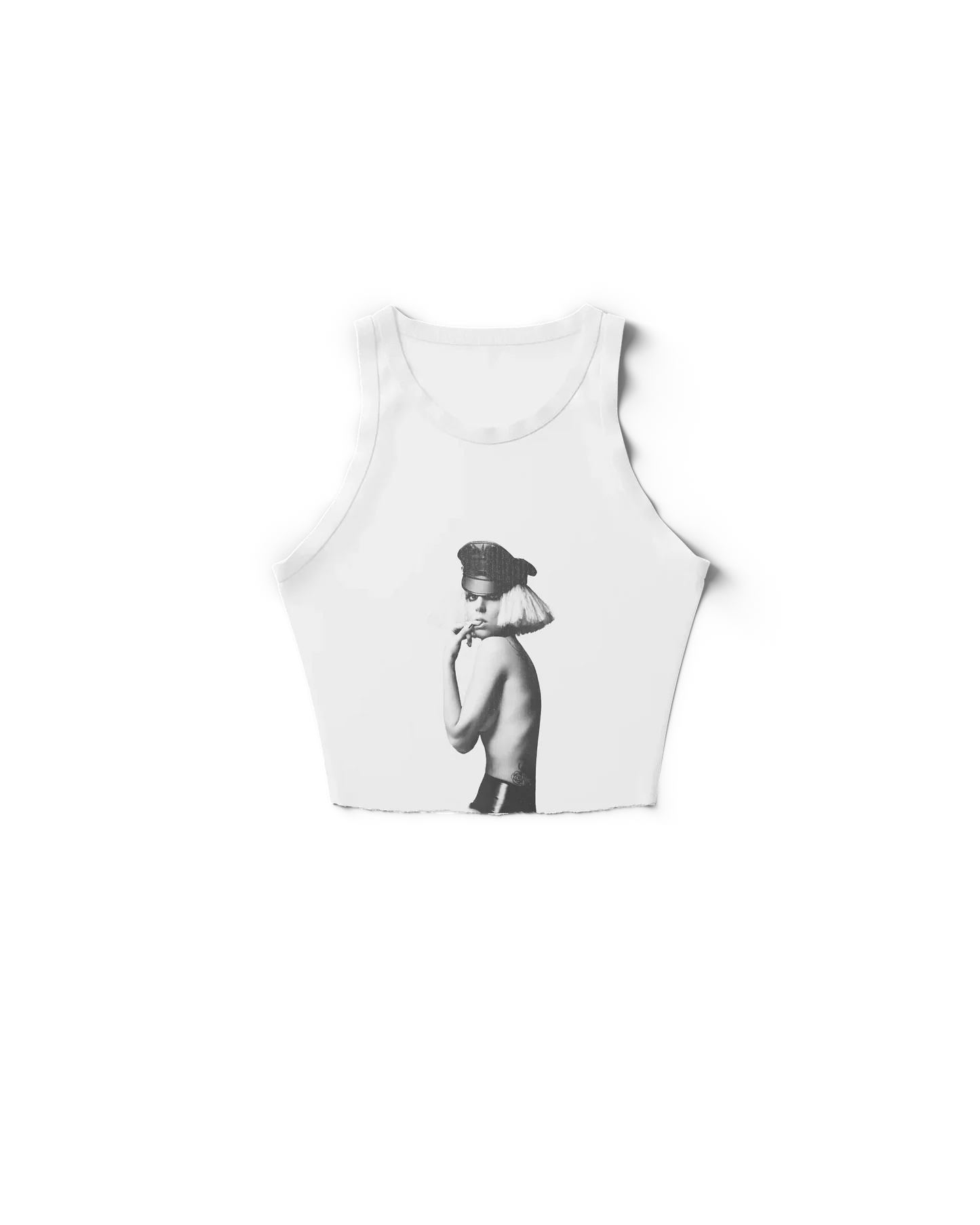 White Lady Gaga tank top front view featuring black and white portrait photo design, Fame Monster era Gaga merch minimalist aesthetic