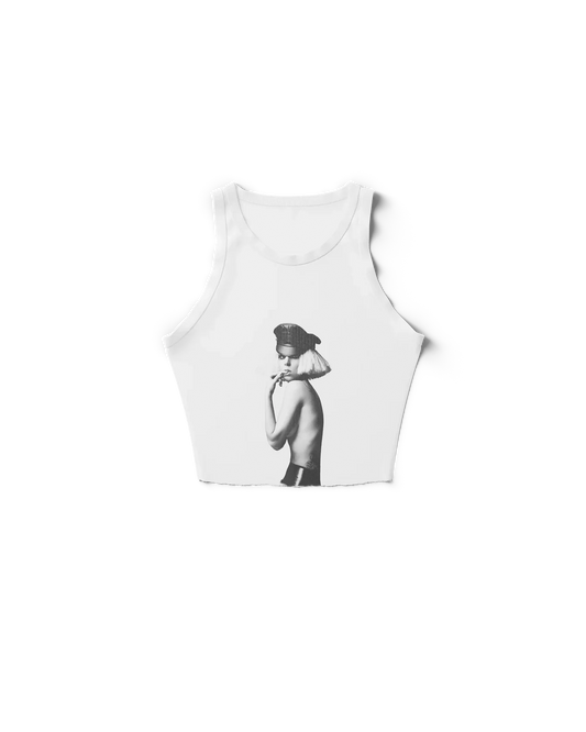 White Lady Gaga tank top front view featuring black and white portrait photo design, Fame Monster era Gaga merch minimalist aesthetic