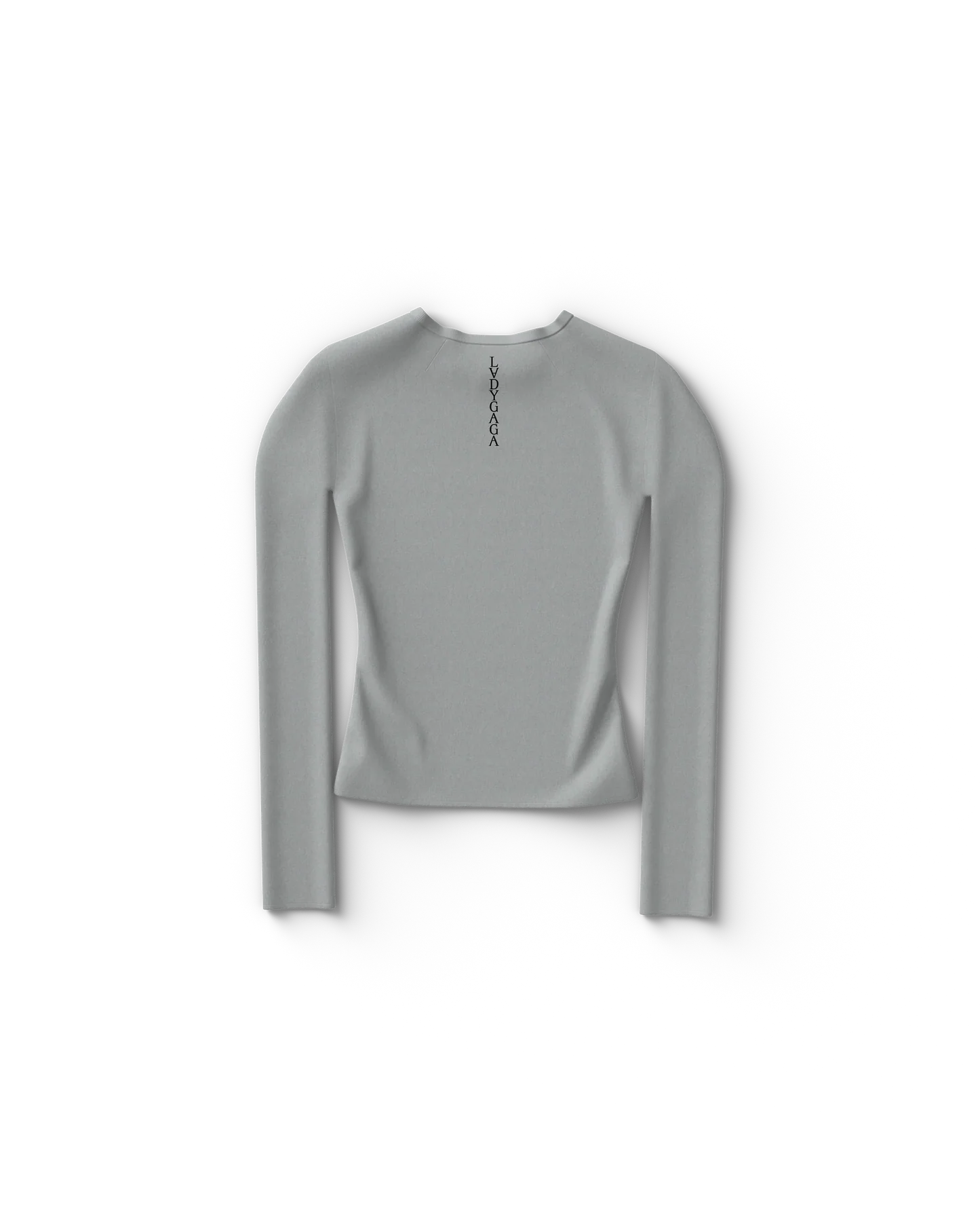 Back of gray Lady Gaga fitted long sleeve t-shirt with minimal vertical “Lady Gaga” text at neckline, clean and modern Gaga merchandise look