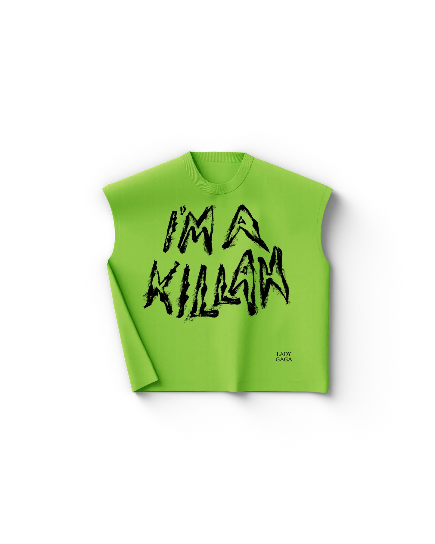 Green Lady Gaga merch cutoff tank front view with bold black text "I'M A KILLAH" and small "LADY GAGA" detail