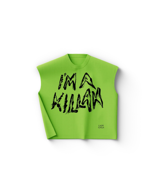 Green Lady Gaga merch cutoff tank front view with bold black text "I'M A KILLAH" and small "LADY GAGA" detail