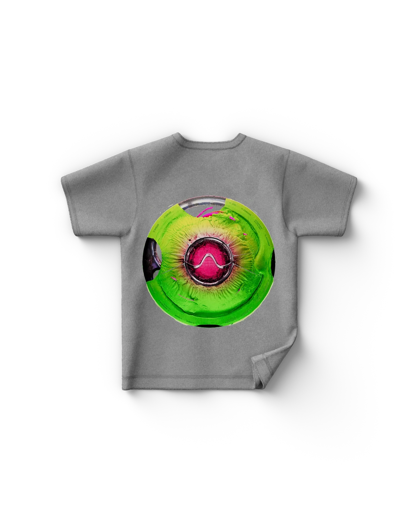 Grey Lady Gaga merch t shirt back view with abstract green and pink circular emblem featuring futuristic Chromatica symbol