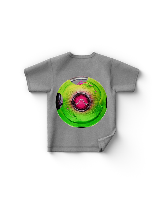 Grey Lady Gaga merch t shirt back view with abstract green and pink circular emblem featuring futuristic Chromatica symbol
