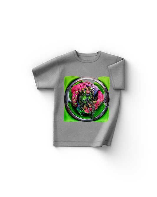 Grey Lady Gaga merch t shirt front view with surreal Chromatica graphic in neon green and pink organic circular design