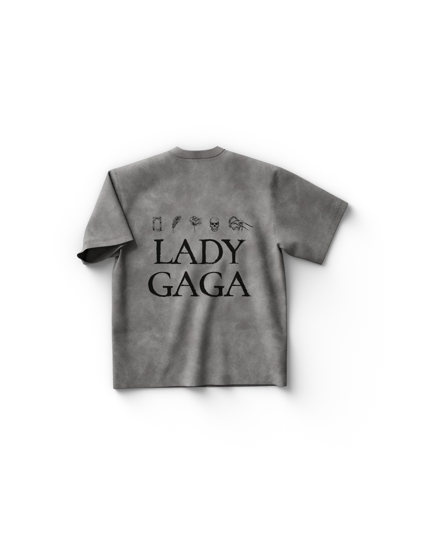 Grey Lady Gaga t shirt back view with large "Lady Gaga" text and small symbolic icons above