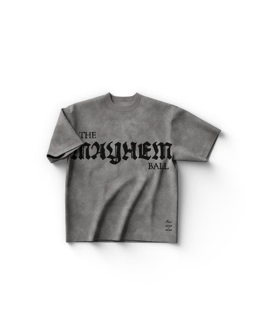 Grey Lady Gaga t shirt front view with "The Mayhem Ball" gothic text and small "Tour 2025 2026" detail