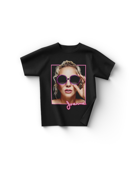 Black Lady Gaga t shirt front view featuring Joanne album portrait with pink sunglasses and neon-style "Joanne" signature