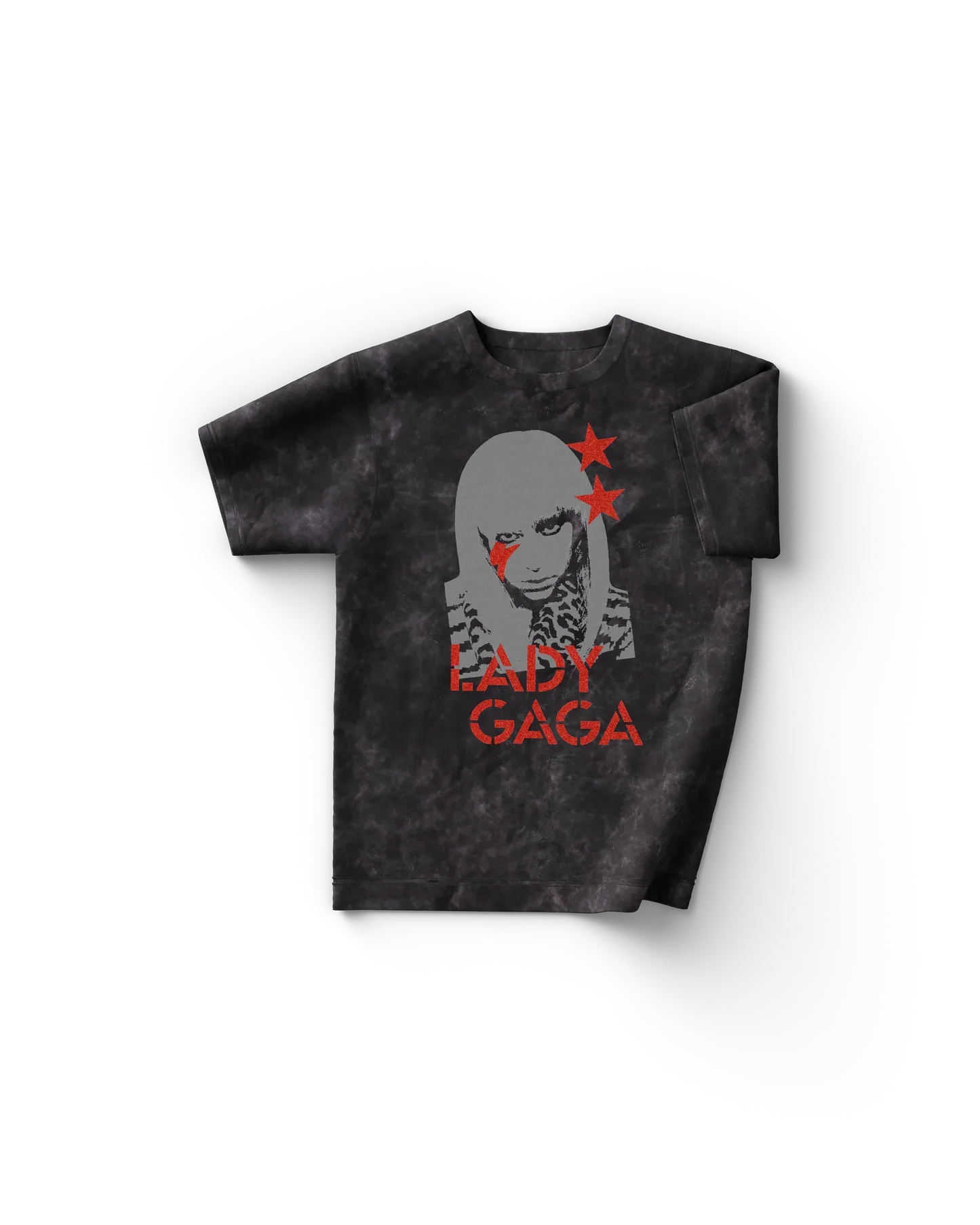 Black tie-dye t-shirt front view featuring Lady Gaga portrait with red stars and text