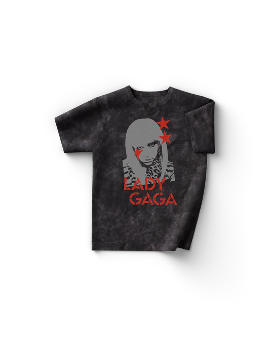 Black tie-dye t-shirt front view featuring Lady Gaga portrait with red stars and text