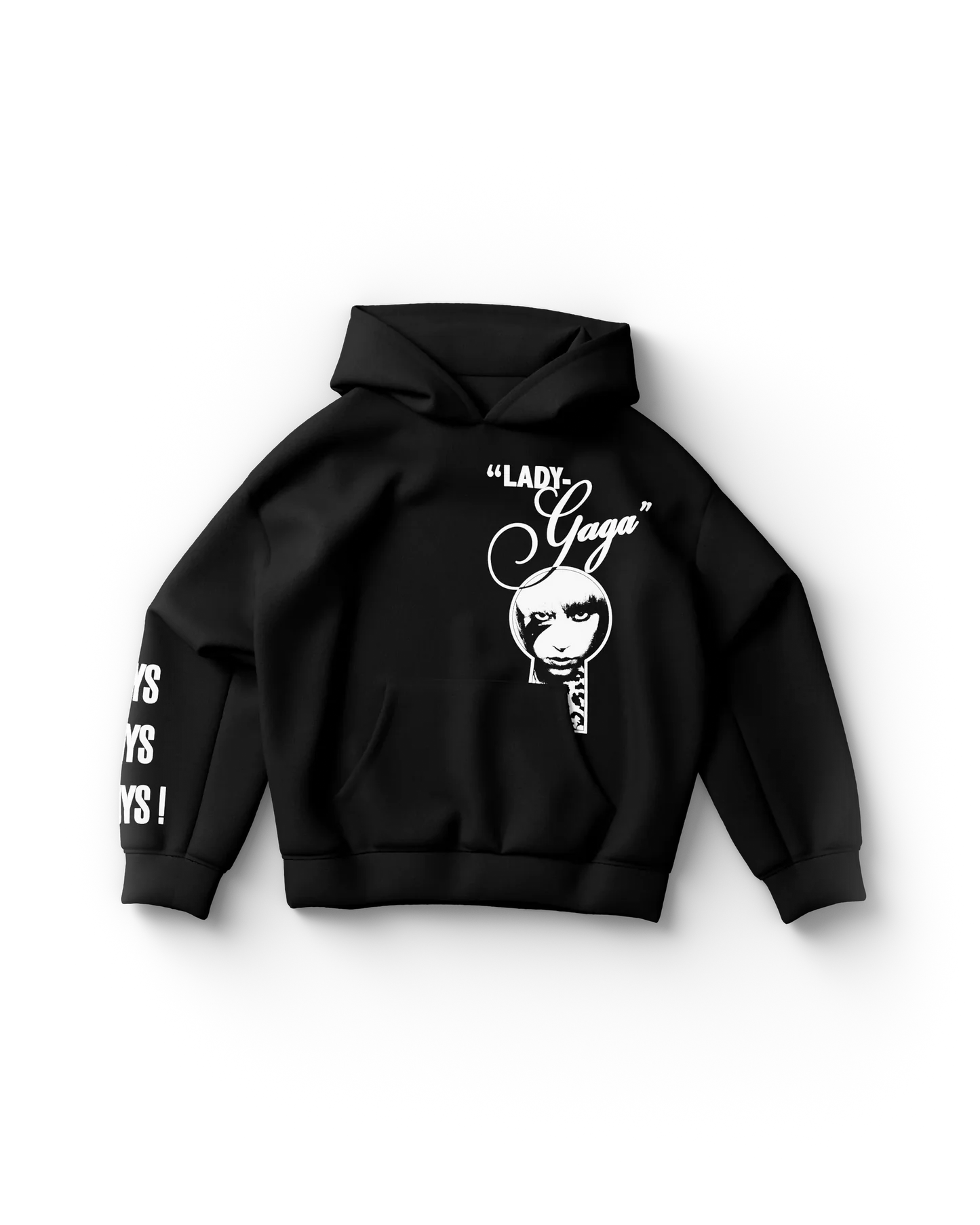 Black Lady Gaga hoodie front view featuring white "Lady Gaga" script with keyhole face graphic and sleeve text detail