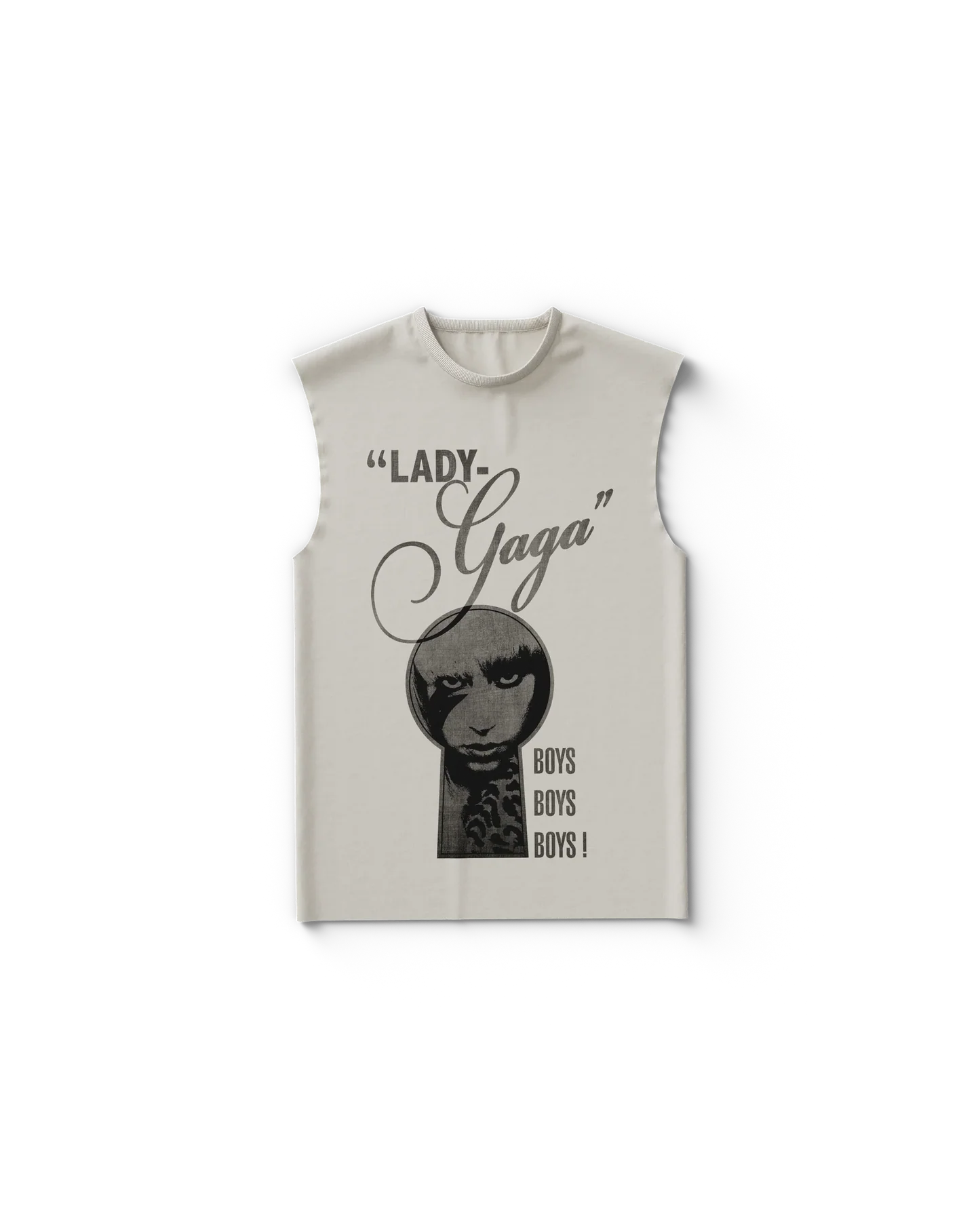 Cream Lady Gaga sleeveless tank top featuring keyhole portrait graphic with “Lady Gaga” script and “Boys Boys Boys” text, retro-inspired Gaga merch design