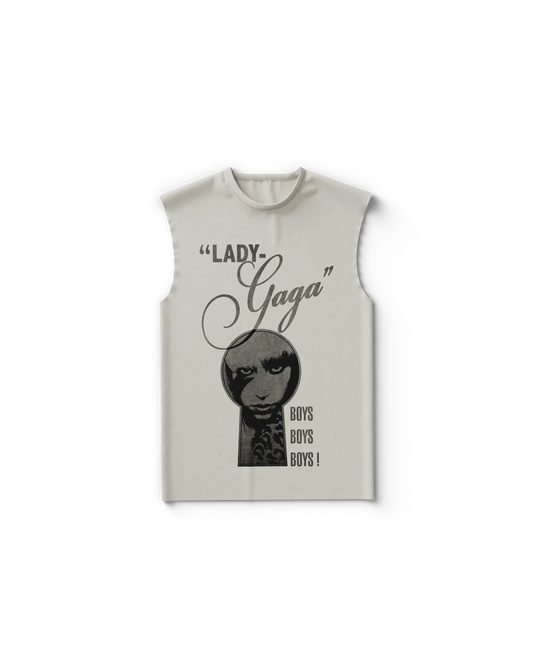Cream Lady Gaga sleeveless tank top featuring keyhole portrait graphic with “Lady Gaga” script and “Boys Boys Boys” text, retro-inspired Gaga merch design