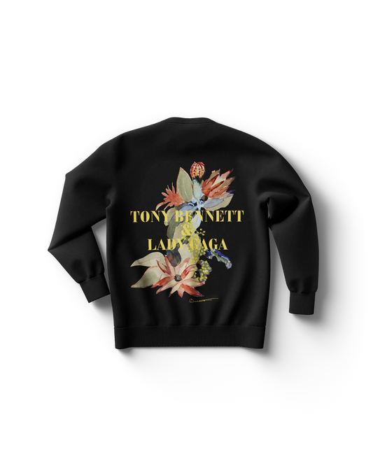 Black Lady Gaga Love For Sale crewneck sweatshirt back view featuring floral artwork with “TONY BENNETT & LADY GAGA” text, elegant jazz-inspired Gaga merchandise design