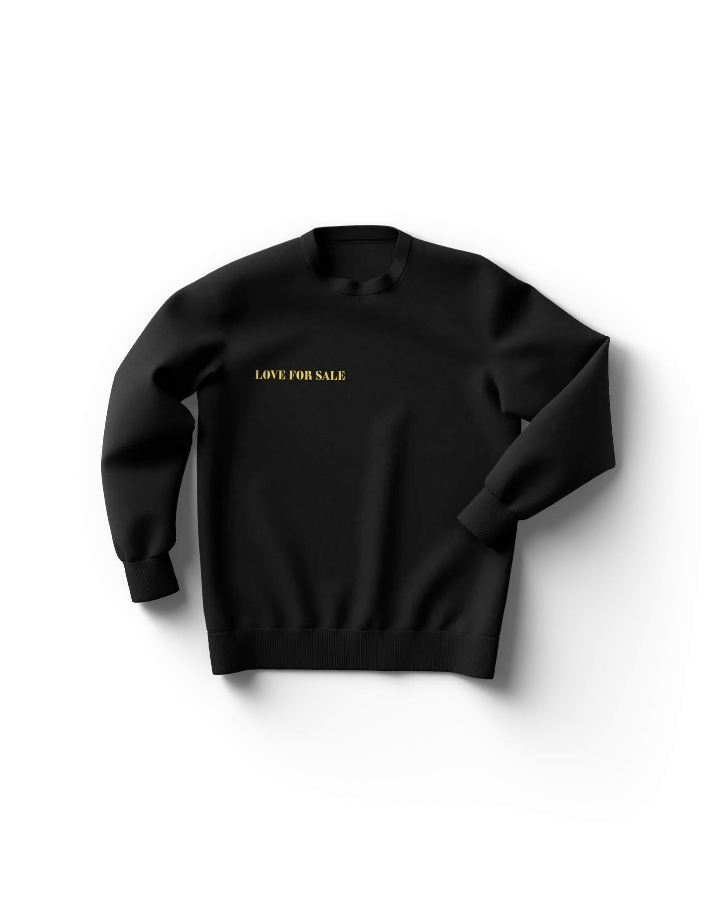Black Lady Gaga merch crewneck sweatshirt front view with small “Love For Sale” text in yellow, minimal Tony Bennett Gaga design