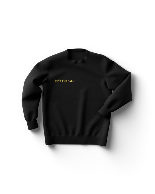 Black Lady Gaga merch crewneck sweatshirt front view with small “Love For Sale” text in yellow, minimal Tony Bennett Gaga design