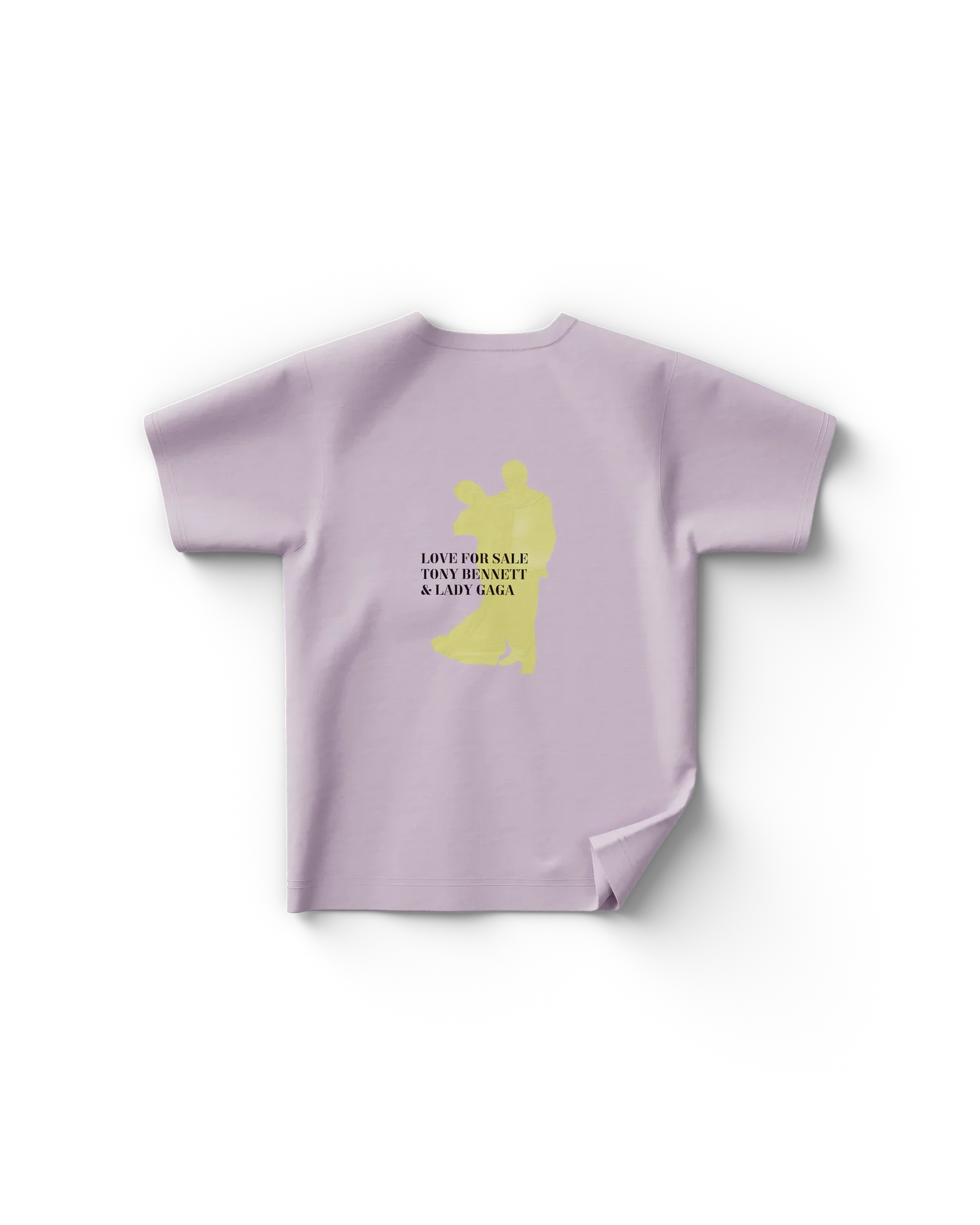 Light pastel Lady Gaga t shirt back view featuring yellow silhouette artwork and “Love For Sale Tony Bennett & Lady Gaga” text, classic Gaga merch style