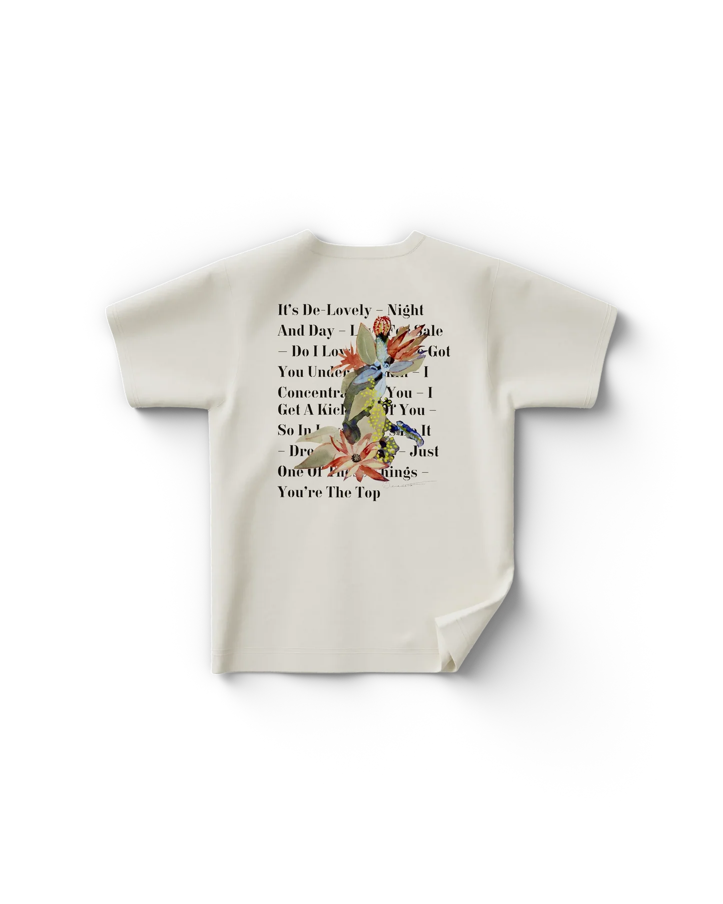 White Lady Gaga Love For Sale t shirt back view with full tracklist text and floral artwork graphic, elegant jazz-inspired Gaga merchandise style
