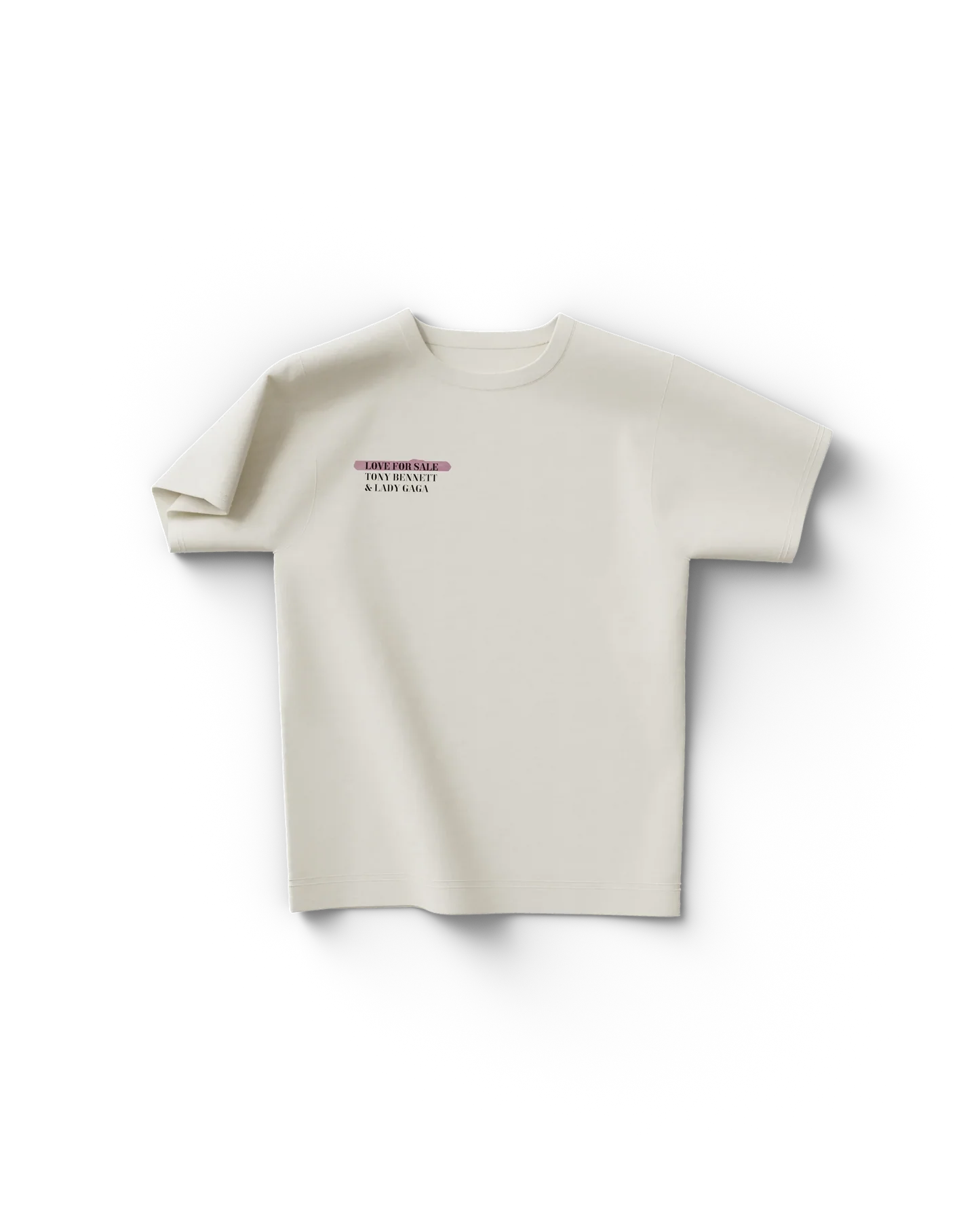 White Lady Gaga Love For Sale t shirt front view with minimal chest text logo featuring Tony Bennett and Lady Gaga, clean classic Gaga merch design