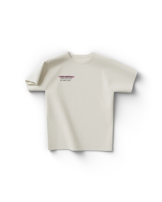 White Lady Gaga Love For Sale t shirt front view with minimal chest text logo featuring Tony Bennett and Lady Gaga, clean classic Gaga merch design
