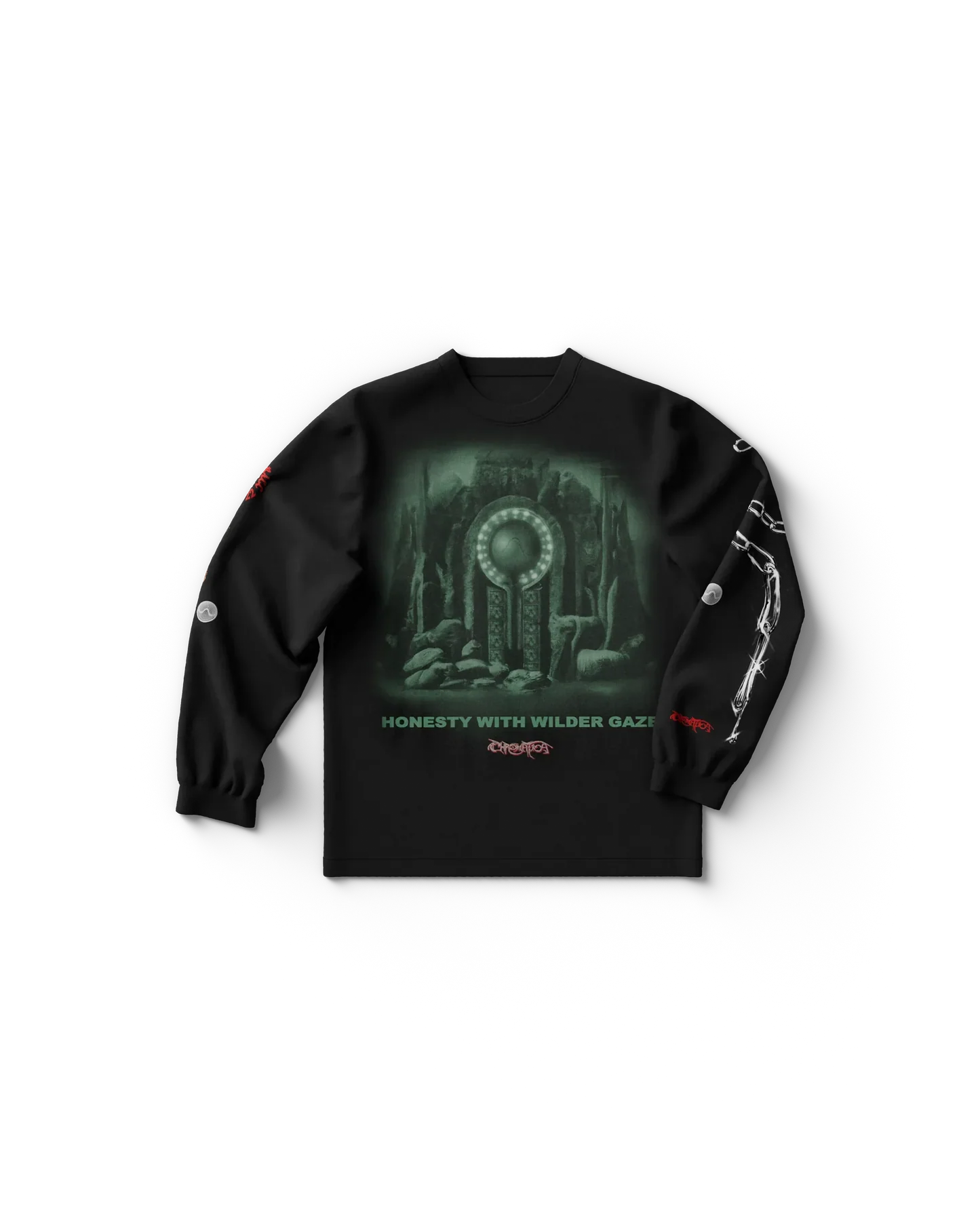 Black Lady Gaga long sleeve shirt front view featuring green-toned graphic artwork with "Honesty with Wilder Gaze" text and sleeve details