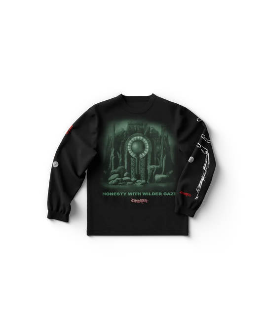 Black Lady Gaga long sleeve shirt front view featuring green-toned graphic artwork with "Honesty with Wilder Gaze" text and sleeve details