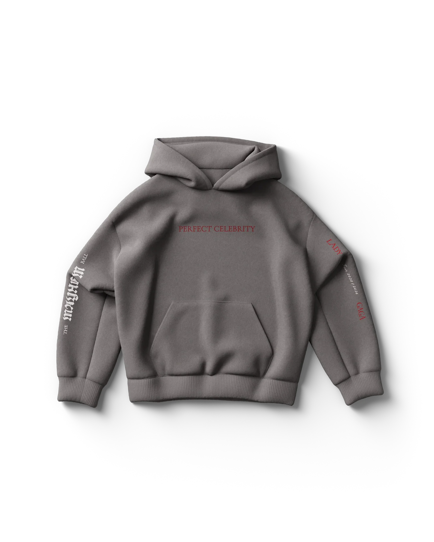 Gray Lady Gaga hoodie front view with red "Perfect Celebrity" text and sleeve graphics