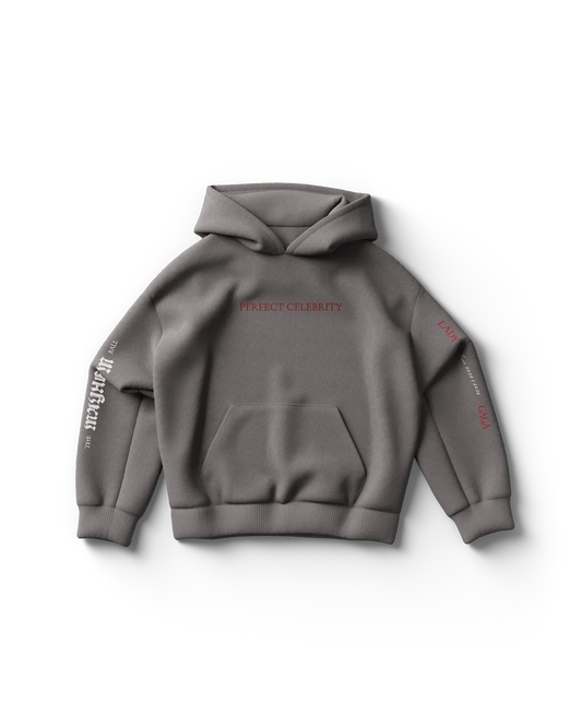 Gray Lady Gaga hoodie front view with red "Perfect Celebrity" text and sleeve graphics