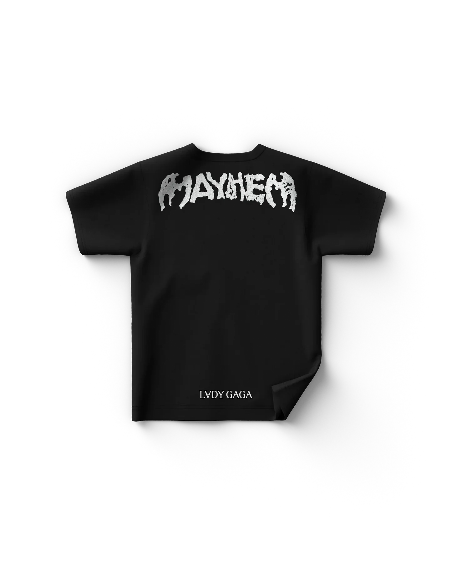 Black Lady Gaga t-shirt back view with distressed “MAYHEM” text at top and “LVDY GAGA” printed near bottom