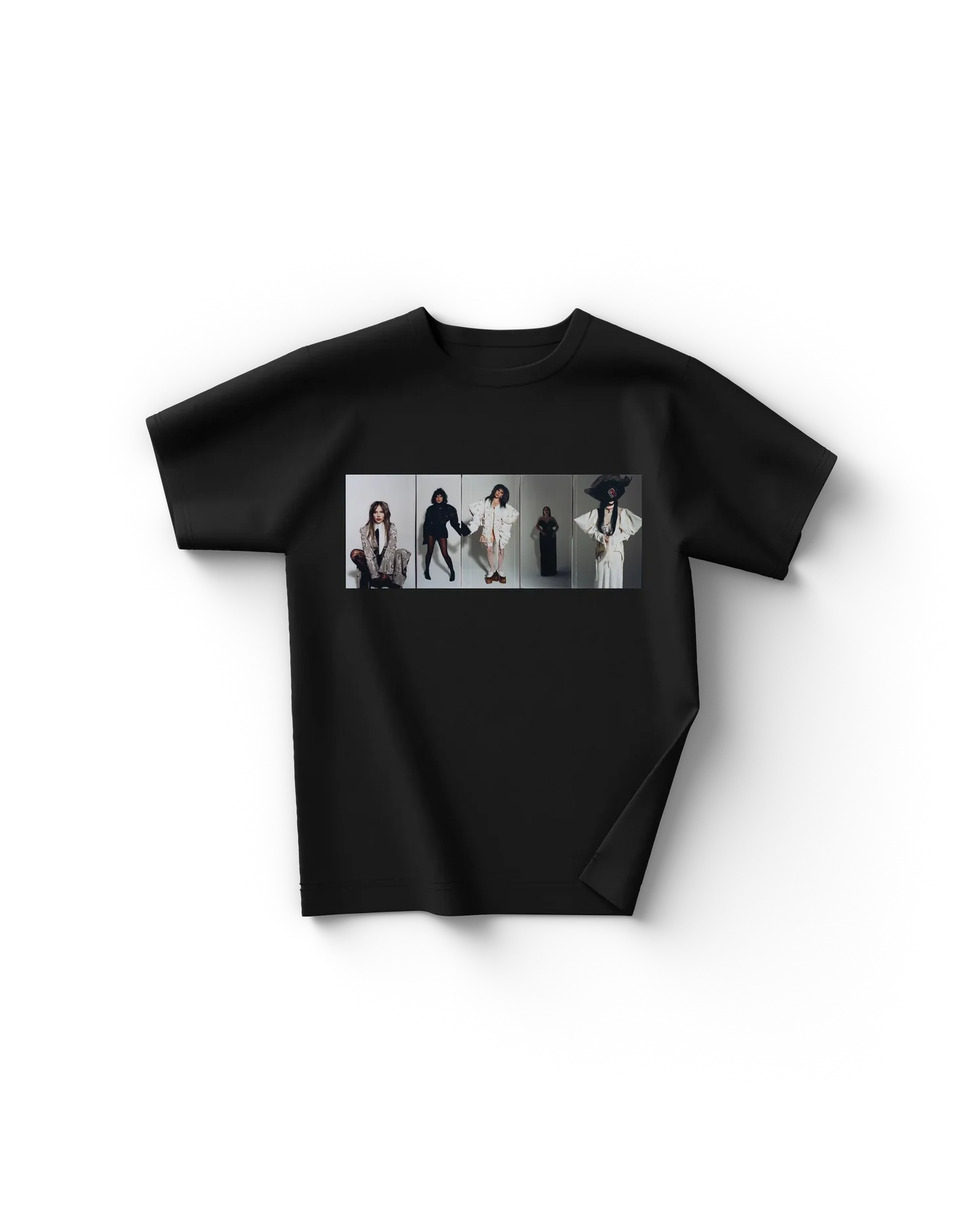 Black Lady Gaga t-shirt front view featuring horizontal photoshoot collage of multiple looks in a rectangular panel