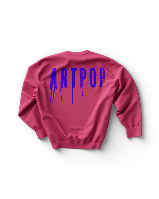 Pink Lady Gaga crewneck sweatshirt back view with large dripping "ARTPOP" text in blue