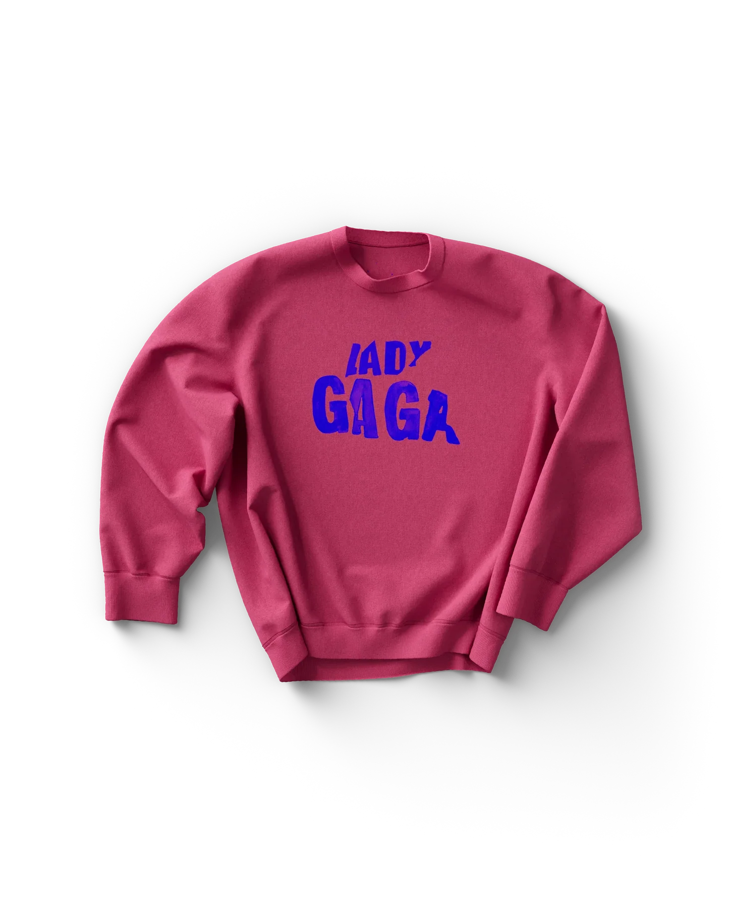 Pink Lady Gaga crewneck sweatshirt front view with bold blue "Lady Gaga" text
