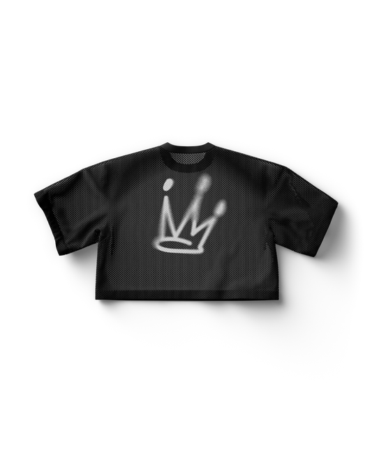 Black Lady Gaga cropped jersey back view featuring white crown graphic, bold minimalist Gaga merch Princess Die design