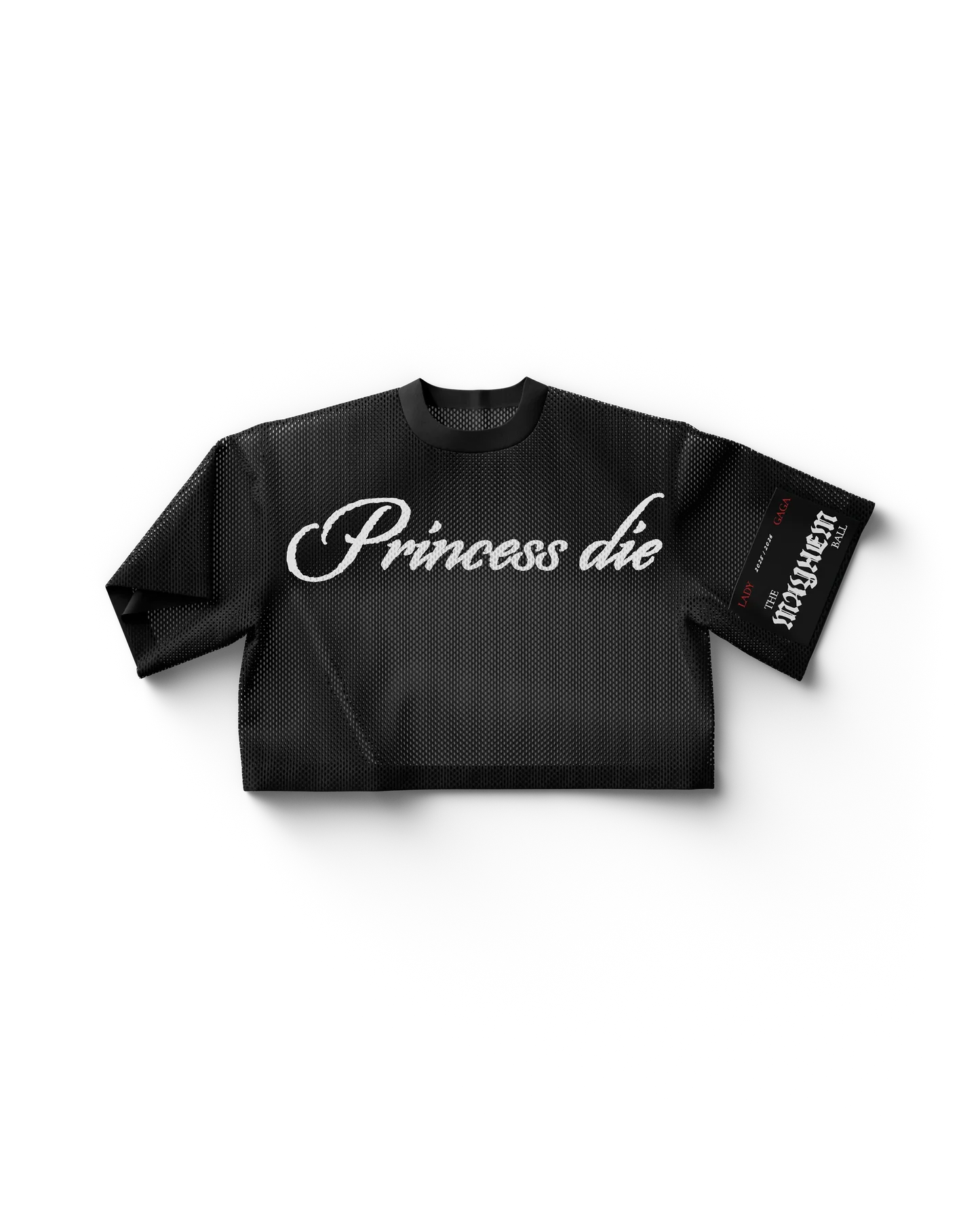 Black Lady Gaga merch cropped jersey front view with “Princess Die” script text in white, edgy gothic Gaga shirt design